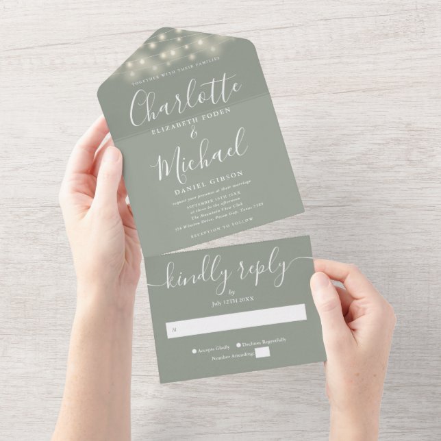 Sage Green String Lights Moderne Script Wedding All In One Einladung (Abreißen)