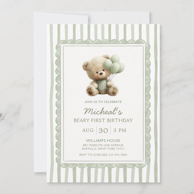 Sage Green Stripe Beary First Birthday  Einladung (Vorderseite)