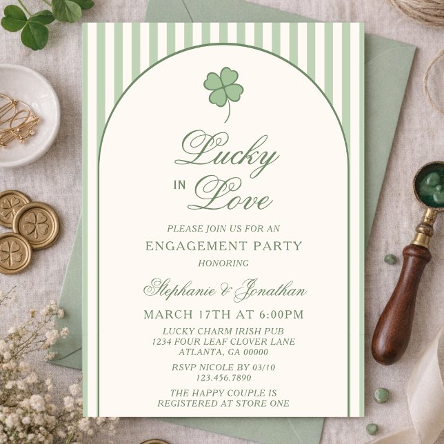 Sage Green Stripe Lucky in Love Engagement Party Einladung (Von Creator hochgeladen)