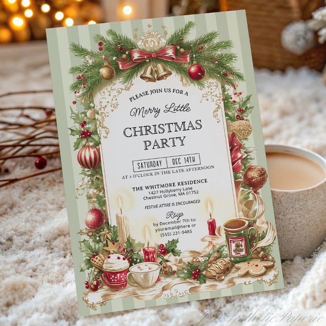 Sage Green Stripe Merry Little Christmas Party  Einladung (Von Creator hochgeladen)