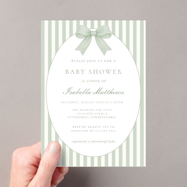 Sage Green Striped Baby Shower Invitation with Bow Acryleinladungen (Insitu (Handheld))