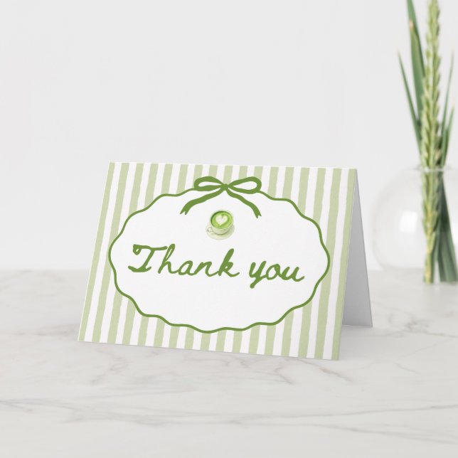 Sage Green Striped Frame Bow Matcha Thank you card Dankeskarte (Vorderseite)