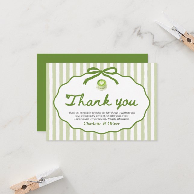 Sage Green Striped Frame Bow Matcha Thank you card Einladung (Vorderseite/Rückseite Beispiel)