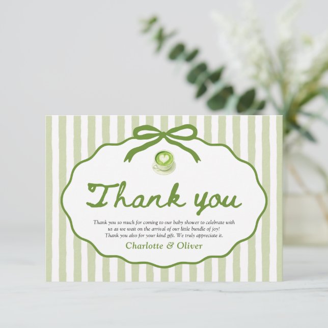 Sage Green Striped Frame Bow Matcha Thank you card Einladung (Stehend Vorderseite)