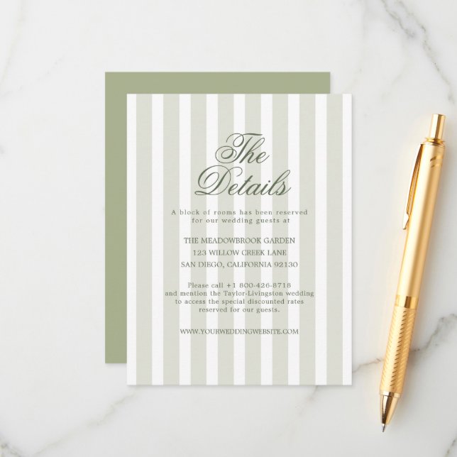 Sage Green Striped Wedding Details Card Begleitkarte (Vorderseite/Rückseite Beispiel)