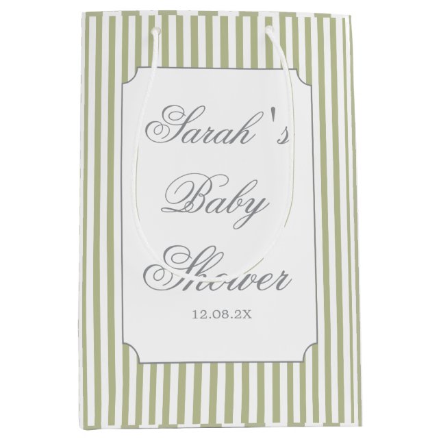 Sage Green Stripes Baby Shower  Mittlere Geschenktüte (Vorderseite)