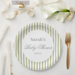 Sage Green Stripes Baby Shower Pappteller