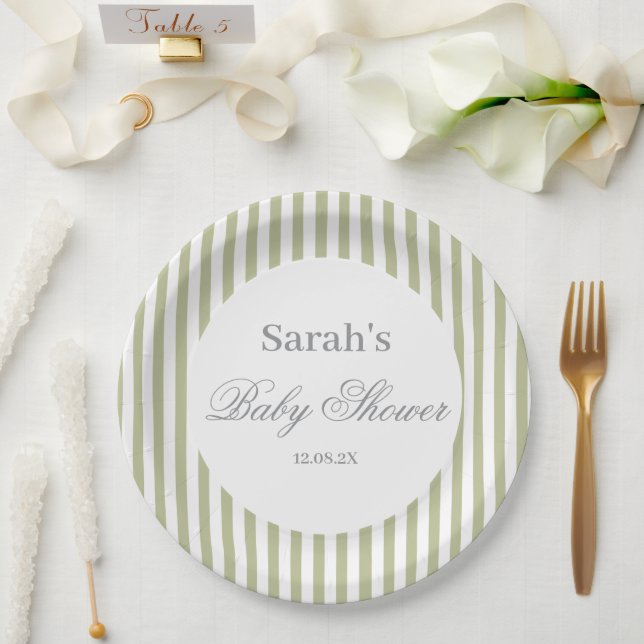 Sage Green Stripes Baby Shower Pappteller (Hochzeit)