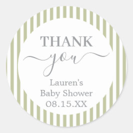 Sage Green Stripes Baby Shower Round Sticker