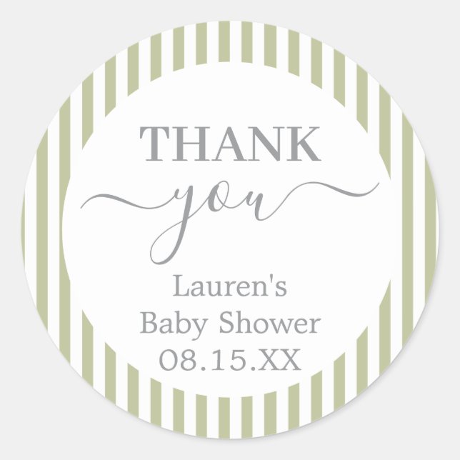 Sage Green Stripes Baby Shower Round Sticker (Vorderseite)