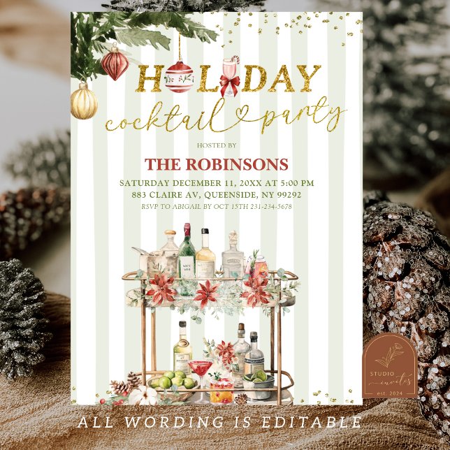 Sage Green Stripes Christmas Holiday Cocktail Einladung (Von Creator hochgeladen)