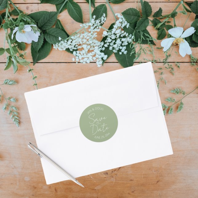 Sage Green stylisierte Hochzeit Speichern Sie das  Runder Aufkleber (In Situ Wedding)