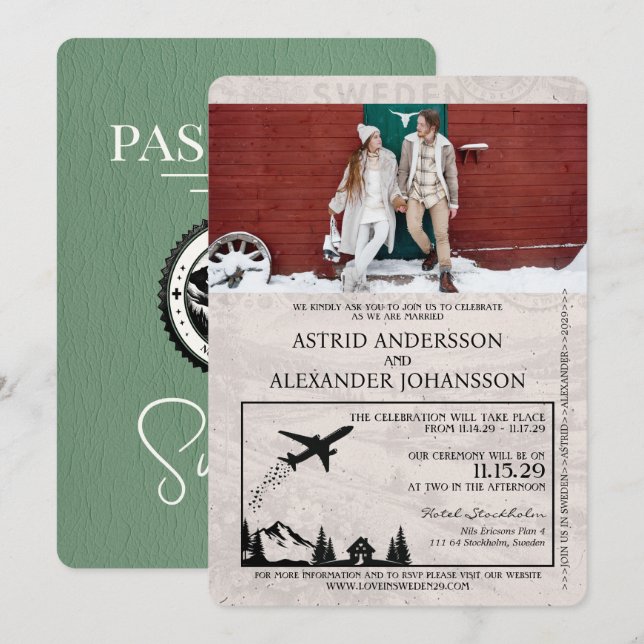 Sage Green Sweden Passport Hochzeitseinladung Einladung (Vorne/Hinten)