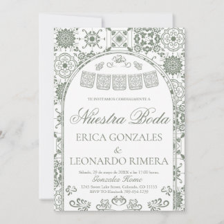 Sage Green Talavera Papel Picado Spanish Wedding Einladung