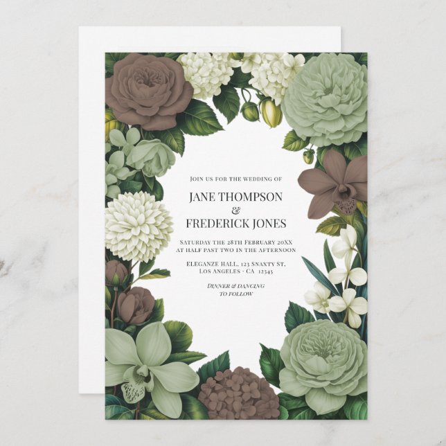 Sage Green, Taupe & Ivory Floral Wedding Einladung (Vorne/Hinten)