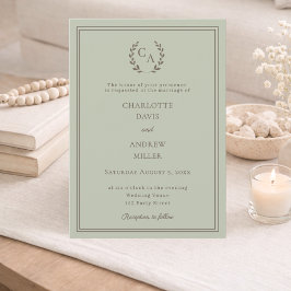 Sage green taupe wreath monogram simple wedding einladung