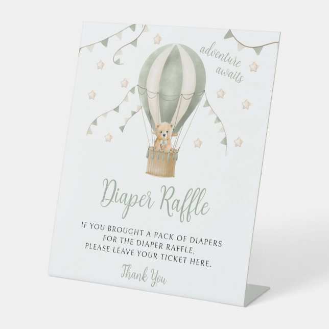 Sage Green Teddy Bären Balloon Baby Diaper Raffle Sockelschild (Vorderseite)