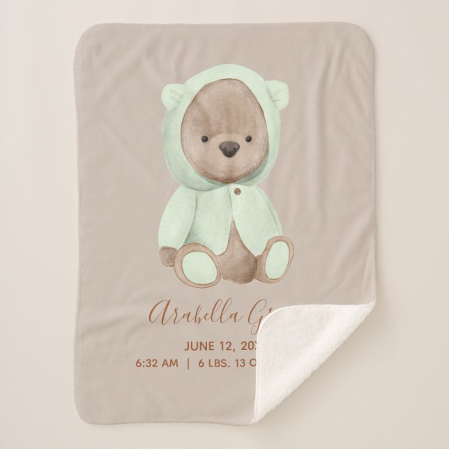 Sage Green Teddy Bear Baby Birth Stats Sherpadecke (Vorderseite)