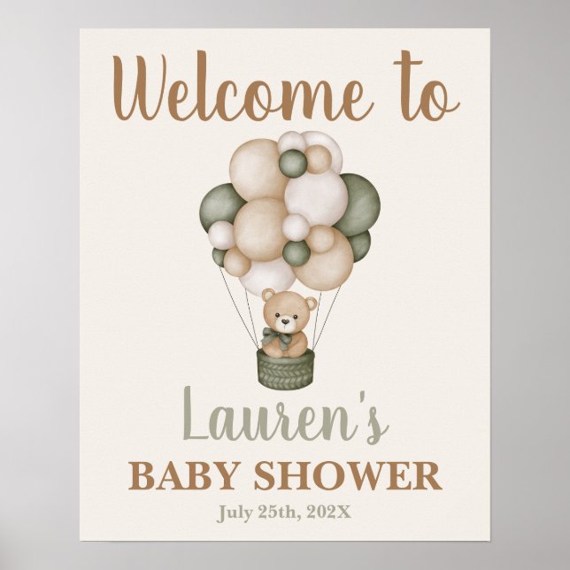 Sage Green Teddy Bear Baby Dusche Begrüßungszeiche Poster (Vorne)