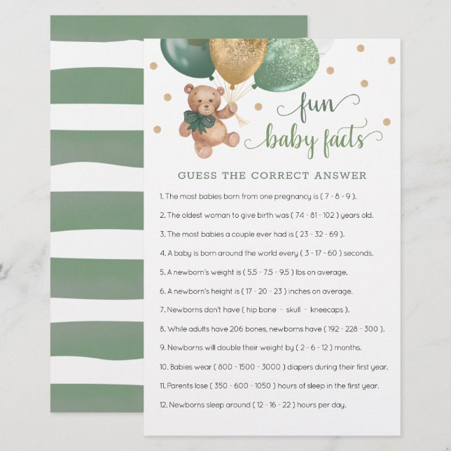 Sage Green Teddy Bear Fun Baby Facts Spiel (Vorne/Hinten)