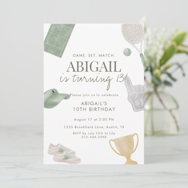 Sage Green Tennis 13th Birthday Party for Girls Einladung (Stehend Vorderseite)