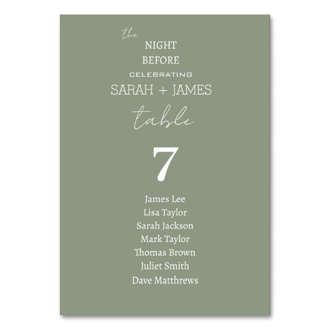 Sage Green the Night Before Wedding Seating Chart Tischnummer (Vorderseite)