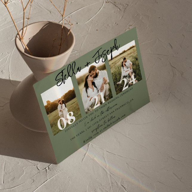 Sage Green Three Fotos Collage Boho Chic Wedding Einladung (Von Creator hochgeladen)