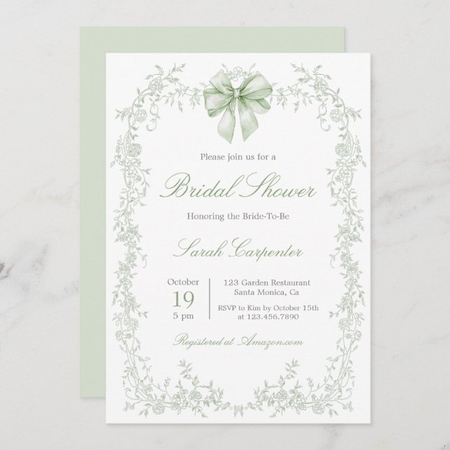 Sage Green Toile and Bow Bridal Shower Einladung (Vorne/Hinten)
