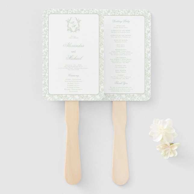 Sage Green Toile Crest Monogram Hochzeitsprogramm Fächer (Vorne und Hinten)