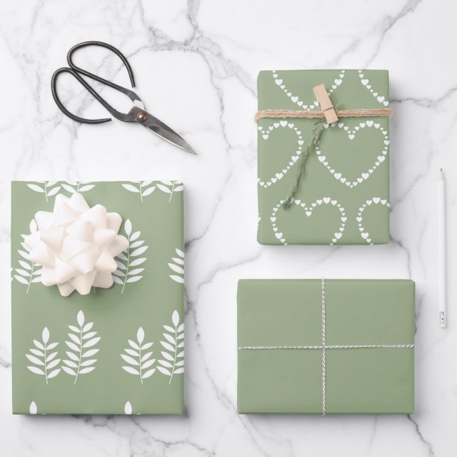 Sage Green Trendy Minimalistisches schlichtes Herz Geschenkpapier Set (Vorderseite)