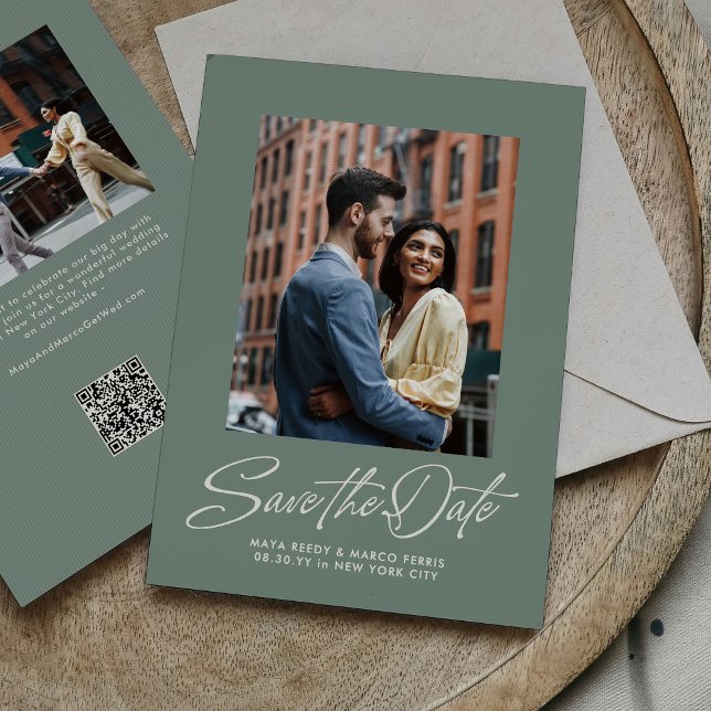 Sage green trendy script two photo wedding save the date (Von Creator hochgeladen)