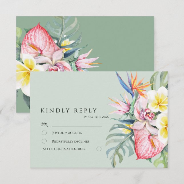 Sage Green Tropical Floral Hawaii Wedding RSVP Karte (Vorne/Hinten)