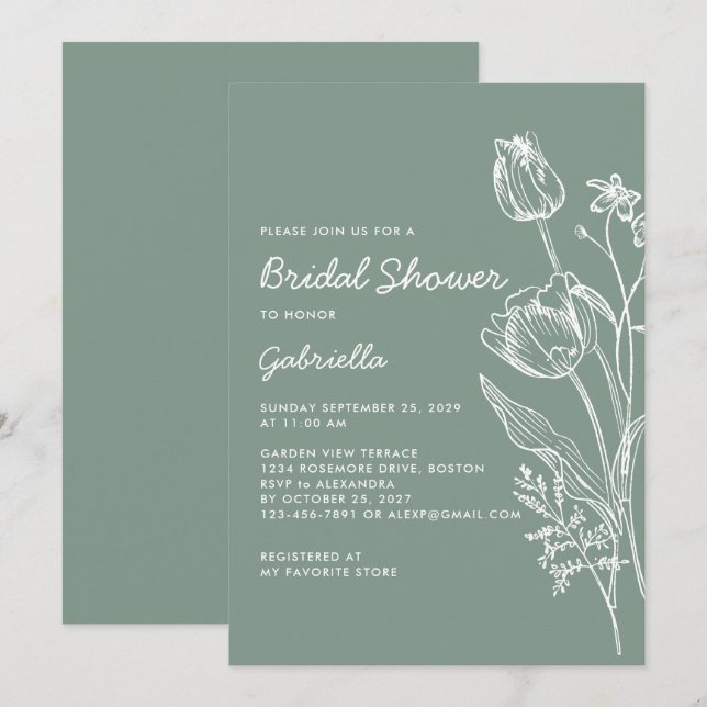 Sage Green Tulip Line Art Garden Bridal Shower Einladung (Vorne/Hinten)