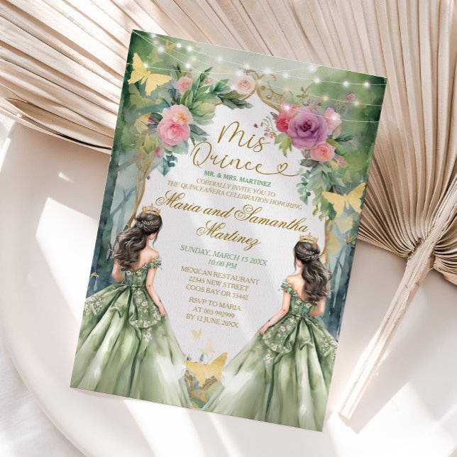 Sage Green Twin Royal Princess Forest Quinceañera Einladung (Von Creator hochgeladen)