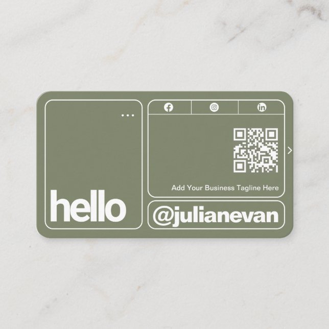 Sage Green Typography Scannable QR Code Hello Visitenkarte (Vorderseite)