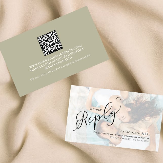 Sage Green UAWG Foto Elegante Hochzeit Begleitkarte (Simple sage green wedding reply card with a photo template and scannable QR Code. )