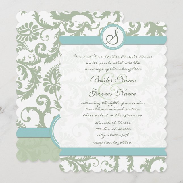 Sage Green und Aqua Damask Wedite Einladung (Vorne/Hinten)
