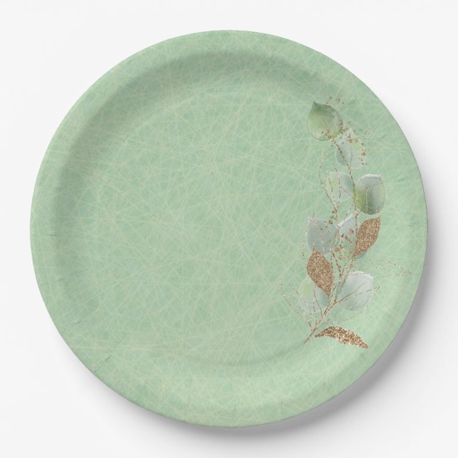 Sage Green und Glitzer Botanisches Leaf Pappteller (Vorderseite)