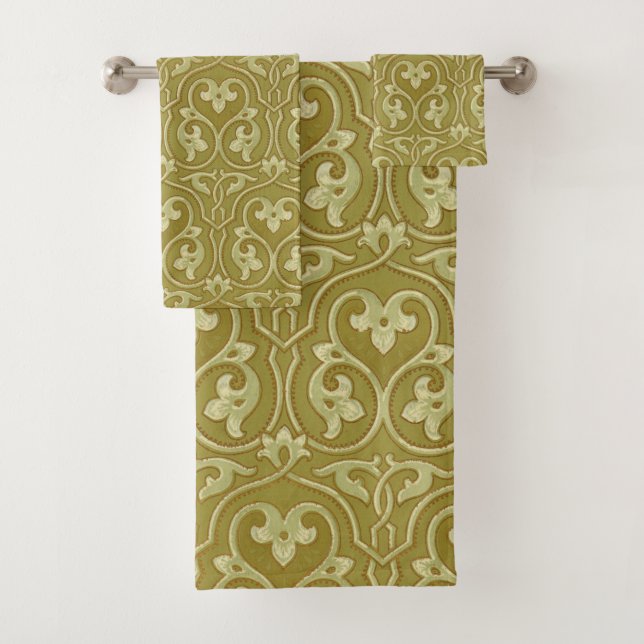Sage Green und Gold Art Nouveau Pattern Badhandtuch Set (Insitu)