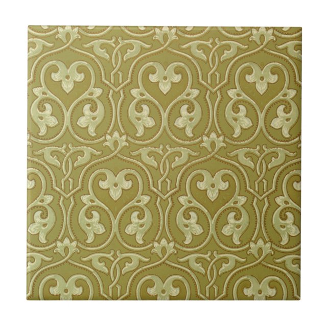 Sage Green und Gold Art Nouveau Pattern Fliese (Vorderseite)