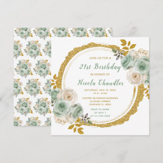 Sage Green und Gold Elegante Blume Geburtstagspart Einladung