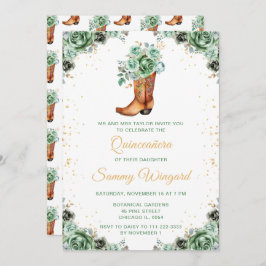 Sage Green und Gold Floral Cowboy Boot Quinceañera Einladung