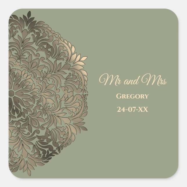 Sage Green und Gold Wedding Eleganter Luxus Quadratischer Aufkleber (Vorderseite)