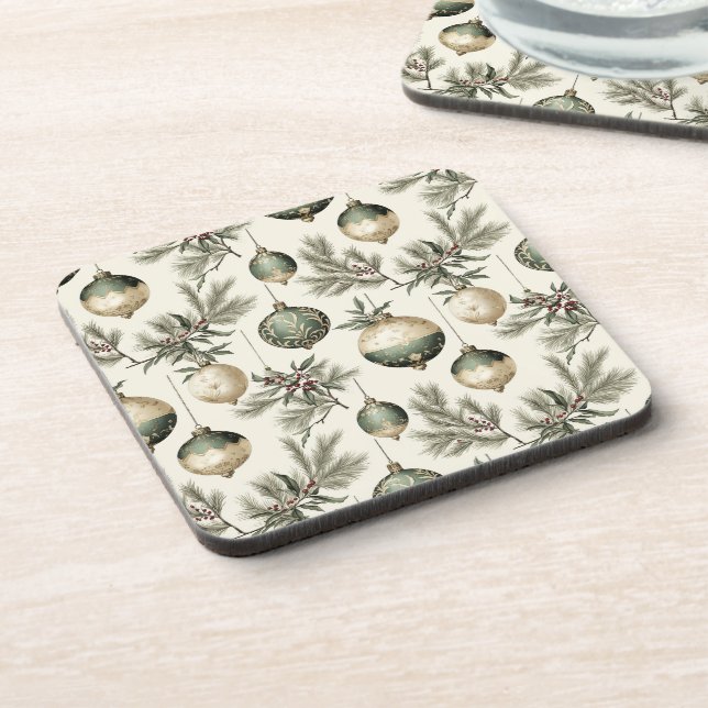 Sage Green und Gold Weihnachtsschmuck Getränkeuntersetzer (Linke Seite)