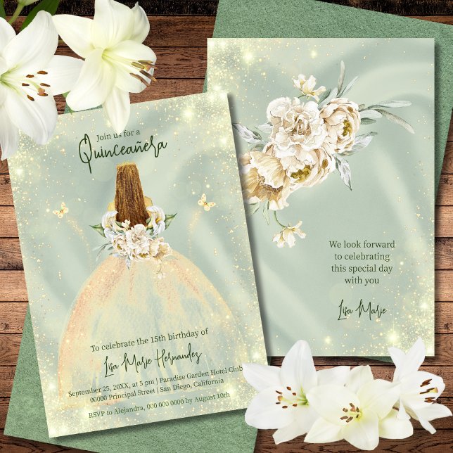 Sage Green und Golden Rose Elegante Quinceñera Einladung (Von Creator hochgeladen)