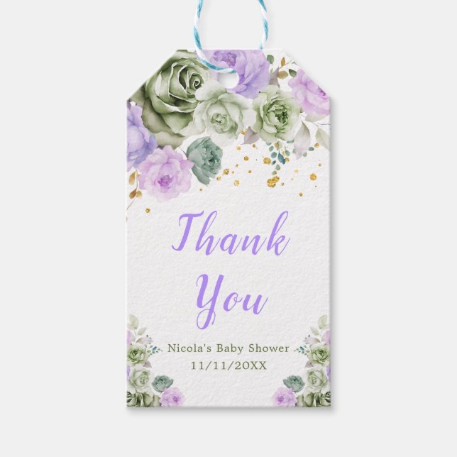 Sage Green und Lila Floral Baby Dusche Vielen Dank Geschenkanhänger (Vorderseite)