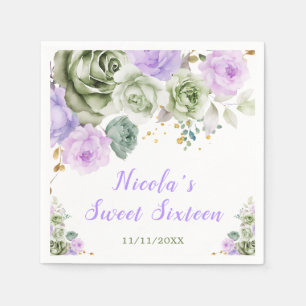 Sage Green und Lila florale 16 . Geburtstag Serviette
