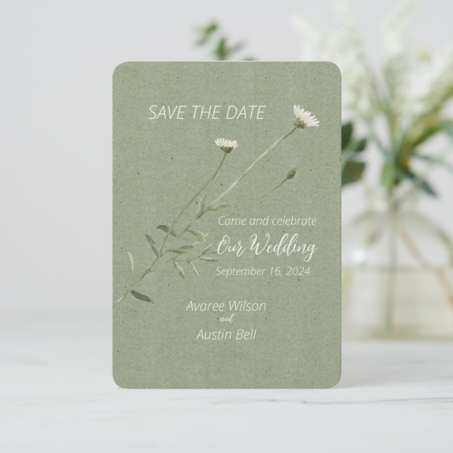 Sage Green und One Single Daisy Save The Date (Stehend Vorderseite)