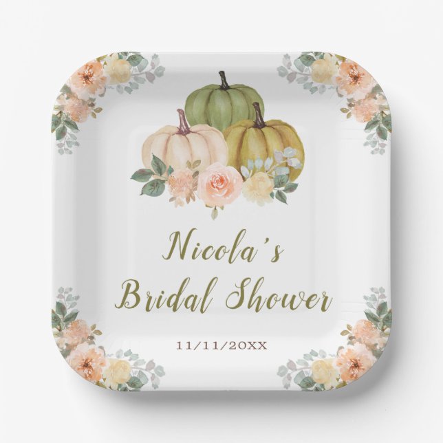 Sage Green und Peach Floral Pumpkins Brautparty Pappteller (Vorderseite)