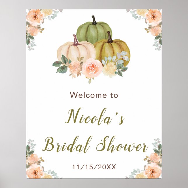Sage Green und Peach Floral Pumpkins Brautparty Poster (Vorne)